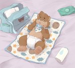 anthro baby baby_powder bed brown_body brown_fur changing_mat clean_diaper clothed clothing detailed_background diaper diaper_bag diaper_change folded_diaper fur furniture heterochromia lying male object_in_mouth on_back pacifier pacifier_in_mouth pawpads paws solo wearing_diaper wet_wipes young young_anthro young_male fluffypamps bear mammal 2025 hi_res