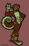 anthro arm_tuft brown_body brown_claws brown_ears brown_eyes brown_fur brown_pawpads brown_tail cheek_tuft claws curled_tail elbow_tuft facial_tuft floppy_ears fur green_body green_eyes green_fur green_nose green_pawpads green_stripes green_tail green_tongue grey_nose head_tuft male multicolored_body multicolored_eyes multicolored_fur multicolored_pawpads pawpads pose red_background simple_background solo standing striped_arms striped_legs stripes tail tongue tuft two_tone_body two_tone_eyes two_tone_fur two_tone_pawpads yaoifairy canid canine canis domestic_dog mammal hi_res signature