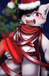 anthro black_hair black_nose blush cheek_tuft christmas_clothing christmas_headwear clothing facial_tuft fangs fur glistening glistening_eyes hair hat headgear headwear holding_present holidays inner_ear_fluff jockstrap looking_at_viewer male nipples open_mouth red_clothing red_eyes red_hat red_headwear red_nipples red_scarf red_tongue santa_hat scarf solo teeth tongue tuft underwear white_body white_fur white_inner_ear_fluff young kewkungzn christmas canid mammal absurd_res hi_res portrait signature three-quarter_portrait