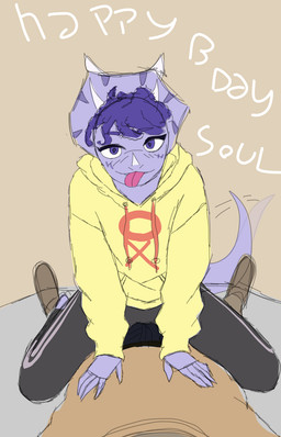 anthro anthro_on_top biped black_bottomwear black_clothing black_pants bottomwear bulge clothed clothed_anthro clothed_female clothing duo female female_on_top fingers first_person_view hair happy happy_birthday hoodie human_on_anthro human_on_bottom human_pov interspecies looking_at_viewer male male/female male_on_bottom male_pov motion_lines on_bottom on_top pants purple_body purple_eyes purple_hair purple_scales scales short_hair simple_background sitting_on_another smile straddling tail tail_motion tailwag tan_background text tongue tongue_out topwear yellow_clothing yellow_hoodie yellow_topwear ryangoslinghorny goodbye_volcano_high ko_op_(game_developer) trish_(gvh) ceratopsian ceratopsid chasmosaurine dinosaur human mammal marginocephalian ornithischian prehistoric_species reptile scalie triceratops 9:14 colored english_text hi_res sketch
