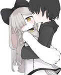 accessory amber_eyes anthro big_eyes black_bow black_hair blush bow_(feature) bow_accessory bow_ribbon centered_hair_bow clothing collar dress duo female hair hair_accessory hair_bow hair_over_eye hair_over_eyes hair_ribbon hug human_on_anthro interspecies kemono kissing male male/female one_eye_obstructed ribbons romantic romantic_couple scut_tail short_tail shy submissive submissive_female tail white_body yellow_eyes vreparty human lagomorph leporid mammal rabbit archived_source hi_res smaller_version_at_source unavailable_at_source