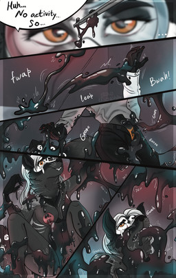 anthro base_four_layout blockage_(layout) clothed clothing dialogue dripping female five_frame_image four_row_layout genitals goo_transformation hair horizontal_blockage latex nipples nude open_mouth science science_fiction simple_background solo speech_bubble text transformation vulva kryzyasha canid canine canis domestic_dog mammal symbiote wolf absurd_res comic digital_media_(artwork) english_text hi_res