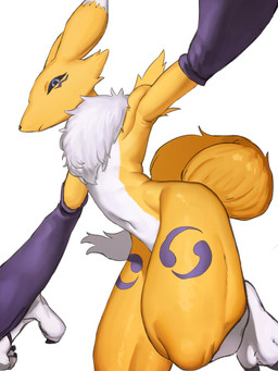 3_toes ambiguous_gender anthro armwear black_sclera bridal_gauntlets clothing countershade_torso countershading double_tomoe feet fluffy fluffy_tail fur kemono markings navel nude_anthro paws pose purple_eyes purple_markings raised_arm ruff side_view simple_background solo tail toes tomoe_(symbol) white_background yellow_body yellow_fur eitirou12345 bandai_namco digimon canid digimon_(species) mammal renamon 3:4 hi_res
