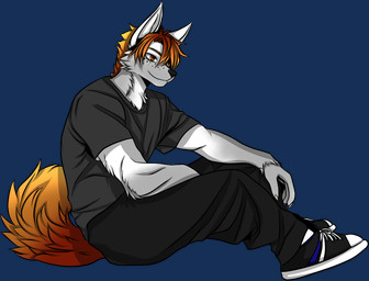 anthro black_bottomwear black_clothing black_shirt black_topwear bottomwear clothing footwear fur hair happy male red_hair relaxing shirt shoes short_hair side_view simple_background sitting smile solo topwear transparent_background white_body white_fur snowiefeather canid canine canis fox hybrid mammal wolf 2025 alpha_channel colored detailed digital_drawing_(artwork) digital_media_(artwork)