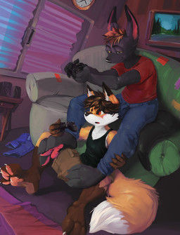 anthro black_body black_clothing black_ears black_eyebrows black_fur black_tail black_topwear blue_bottomwear blue_clothing blue_jeans blue_pants blush bottomwear brown_bottomwear brown_clothing brown_hair brown_shorts bulge cheek_tuft claws clock clothing controller denim denim_bottomwear denim_clothing dipstick_ears dipstick_tail duo ear_markings exposure_variation eyebrows facial_tuft feet foot_on_crotch fur game_controller gaming glistening glistening_eyes hair heterochromia holding_controller holding_object inner_ear_fluff inside jeans leg_grab looking_down male markings messy_hair multicolored_ears on_ground open_mouth orange_body orange_ears orange_fur orange_tail pants pawpads pink_pawpads playing_video_game playstation_controller raised_eyebrow red_clothing red_eyes red_inner_ear red_pawpads red_shirt red_t-shirt red_tongue red_topwear shirt short_hair shorts sitting smile speaker t-shirt tail tail_markings tongue topwear tuft white_claws white_inner_ear_fluff white_tail window yellow_eyes oselotti playstation sony_corporation sony_interactive_entertainment fletcheroo canid canine fox mammal hi_res