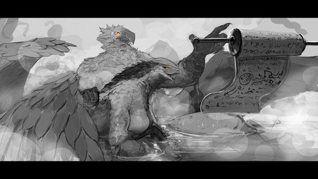 anthro bath beak big_breasts black_bars breasts duo feathers featureless_breasts female foggy_background grin hands_on_legs male male/female multi_eye muscular muscular_anthro muscular_male scroll smile teasing water wet wet_body wings yellow_eyes glewes warhammer_(franchise) aktalos ardrek chaos_daemon daemon_of_tzeentch lord_of_change 16:9 4k absurd_res hi_res letterbox widescreen