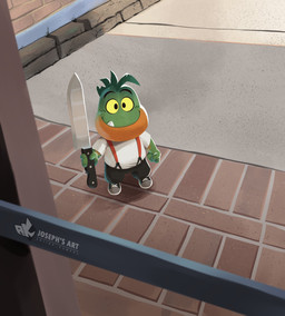 anthro biped bottomwear clothing cute_fangs cutlery fangs footwear green_body humanoid_hands humor kitchen_knife kitchen_utensils knife orange_body outside shirt shoes shorts slightly_chubby smile sneakers solo suspenders teeth tools topwear underbite yellow_eyes anjing_kampuss dreamworks the_bad_guys mr._piranha_(the_bad_guys) aquatic characiform fish piranha_(fish) serrasalmid 2022 hi_res meme