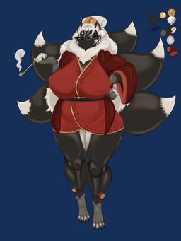 5_tails anthro big_breasts black_body black_fur breasts claws clothing female fur hair holding_pipe multi_tail nipple_outline red_clothing simple_background slightly_chubby solo standing tail transparent_background white_hair blanic canid canine fox mammal 2024 alpha_channel digital_media_(artwork) hi_res