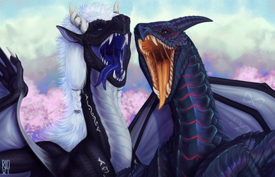 ambiguous_gender black_body black_scales blue_body blue_eyes blue_horn blue_insides blue_mouth blue_scales blue_tongue bodily_fluids brown_eyes claws cloud dark_body dark_horn dark_scales duo feral forked_tongue glistening glistening_eyes grey_sclera horn logo looking_at_viewer mane membrane_(anatomy) membranous_wings mouth_shot narrowed_eyes nature nature_background open_mouth orange_insides orange_mouth orange_tongue saliva saliva_string scales sharp_teeth sky spread_wings teeth tongue tongue_out white_body white_horn white_mane white_scales white_wings wing_claws wings riorix mythology dragon mythological_creature mythological_scalie scalie 2021 absurd_res artist_logo dated hi_res