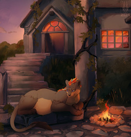 ambiguous_gender campfire feral fur monastery paws pregnant pregnant_feral ruins solo sunset tail tail_tuft tuft pixelflare paizo pathfinder alri felid lion mammal pantherine digital_drawing_(artwork) digital_media_(artwork) hi_res