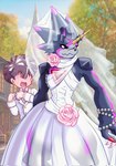 anthro black_body black_sclera blush clothed clothing crossdressing dress duo horn humor male male/male wedding_dress wedding_veil vfcou bandai_namco digimon digimon_ghost_game hiro_amanokawa digimon_(species) gulusgammamon human mammal hi_res