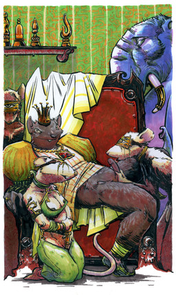 anthro anthro_on_anthro blindfold breasts brown_body brown_fur chair clothed clothing crown detailed_background erection fellatio female fur furniture genitals grey_ears group harem harem_outfit headgear inside jewelry king licking looking_at_viewer male male/female masturbation middle_eastern_architecture oral penile penis penis_grab penis_lick proboscis_(anatomy) royalty sex slave tail throne tongue tongue_out trunk_(anatomy) tusks vaginal vaginal_masturbation yellow_ears chris_goodwin three_blind_mice elephant elephantid mammal murid murine proboscidean rat rodent marker_(artwork) mixed_media pen_(artwork) traditional_media_(artwork)