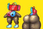 bent_over big_breasts big_butt blush breasts butt clothing console electronics female footwear game_console looking_at_viewer looking_back machine nipples nude open_mouth overweight overweight_female presenting presenting_hindquarters shoes short_stack simple_background slightly_chubby smile solo standing thick_thighs toy wide_hips yellow_background monamania nintendo nintendo_switch animate_inanimate robot hi_res