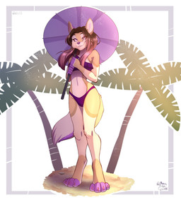 anthro athletic athletic_anthro athletic_female bathing bikini bikini_bottom bikini_top biped brown_hair clothing eye_through_hair eyelashes eyeliner female fur hair highlights_(coloring) holding_object jewelry light makeup necklace pink_eyes purple_highlights purple_nose purple_paws sand smile solo standing suit swimwear tail tan_body tan_fur translucent translucent_hair two-piece_swimsuit umbrella white_body white_fur yhorey_san kary_(karydraws) canid canine mammal colored hi_res lighting shaded signature