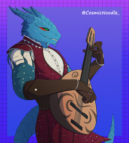 anthro armwear bard blue_body bottomwear clothed clothing fingers green_eyes handwear holding_object horn looking_at_viewer lute male musical_instrument plucked_string_instrument scales simple_background smile solo string_instrument tail topwear cosmic_noodle baldur's_gate bioware dungeons_and_dragons electronic_arts hasbro wizards_of_the_coast dragonborn_(dnd) scalie absurd_res digital_media_(artwork) hi_res