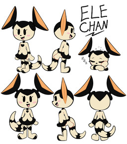 anthro black_body blush blush_stickers clothing dot_eyes dress female happy heart_(marking) heart_symbol markings multicolored_body simple_eyes sleeping solo standing tail tan_body two_tone_body fatalafterdark ele_chan eleking alien kaiju monster hi_res model_sheet