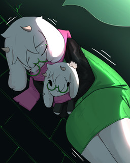 ambiguous_gender anthro bodily_fluids eyebrows eyes_closed eyewear fur glasses holding_object holding_plushie horn lying_on_ground on_ground plushie raised_inner_eyebrows sad scarf solo tears white_body white_fur nick_noah deltarune undertale_(series) ralsei boss_monster_(undertale) darkner 2025 4:5 absurd_res hi_res male_(lore)