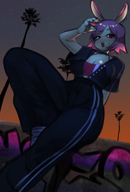 black_bottomwear black_clothing black_pants black_shirt black_topwear bodily_fluids bottomwear bra breasts choker clothed clothed_female clothed_humanoid clothing ear_piercing ear_ring eyelashes female female_humanoid fingers footwear glistening glistening_body glistening_breasts glistening_skin graffiti hair inner_boob jewelry light_body light_skin long_ears long_socks low-angle_view navel necklace open_mouth outside palm_tree pants piercing pink_hair plant rabbit_ears ring_piercing shirt shoes short_hair sitting sky solo star sweat sweatdrop thick_thighs topwear track_pants tree underwear mochabaebae tebu_(mochabaebae) animal_humanoid humanoid lagomorph lagomorph_humanoid leporid_humanoid mammal mammal_humanoid rabbit_humanoid 2023 digital_drawing_(artwork) digital_media_(artwork) hi_res portrait three-quarter_portrait