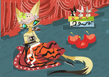 ambiguous_gender anthro clothing detailed_background dress female food fruit group hat headgear headwear judge pink_clothing pink_hat pink_headwear plant pumpkin red_clothing red_dress shirt sitting smile solo_focus tail tank_top topwear yellow_clothing yellow_dress yellow_tail naircat domestic_cat felid feline felis mammal 2017 digital_media_(artwork) microsoft_paint_(artwork)