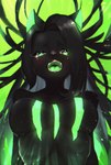 anthro black_body black_fur black_hair blush breasts fangs featureless_breasts female floating_hair fur glowing glowing_markings green_background green_eyes green_insides green_stripes hair hands_behind_back looking_at_viewer low-angle_view markings nude open_mouth simple_background solo sparkles stripes teeth tongue onikuman monster_energy domestic_cat felid feline felis mammal absurd_res bust_portrait hi_res portrait