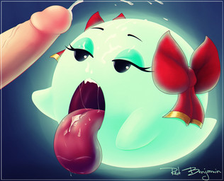 accessory big_tongue bodily_fluids bow_(feature) bow_accessory bow_ribbon cum cum_on_face duo eyeshadow female genital_fluids genitals hair_accessory hair_bow hair_ribbon humanoid_genitalia humanoid_penis makeup male male/female not_furry open_mouth orgasm penis ribbons solo_focus tongue tongue_out sirredbenjamin mario_bros nintendo paper_mario lady_bow boo_(mario) ghost spirit 2018 hi_res signature