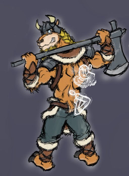 anthro axe beard biped blonde_hair brown_body brown_fur duo facial_hair fur grey_background hair holding_axe holding_object hooves looking_back male simple_background smile solo_focus standing tail tickle_fetish tickling tickling_back viking viking_helmet whiskers kctk camelid felid ghost hybrid liger mammal pantherine spirit vicuna