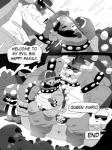 2018 3:4 anthro armband bowser bulge clothed clothing collar comic dialogue english_text eyes_closed facial_hair galgard group hat headgear headwear hi_res horn koopa larger_male male mario mario_bros monochrome muscular muscular_male mustache nintendo on_lap overweight scalie shell size_difference smile speech_bubble spiked_armband spiked_collar spikes text text_on_clothing text_on_hat text_on_headwear thong toad_(mario) topless topwear underwear vest