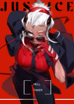 accessory black_horn blind bottomwear breasts brown_body brown_skin clothing disability eyewear female fingerless_gloves gloves hair hair_accessory hairband hand_on_hip handwear high-angle_view horn looking_at_viewer necktie not_furry one_eye_closed pants red_background shirt short_hair simple_background solo spade_tail suit sunglasses tail text topwear white_eyes white_hair wink tefco helltaker justice_(helltaker) demon demon_humanoid humanoid absurd_res english_text hi_res