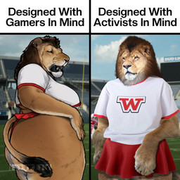 anthro big_butt bottomwear brown_hair butt cheerleader cheerleader_outfit clothing college_clothing crop_top ear_piercing ear_ring facial_piercing female female_anthro football_field fur hair huge_butt long_hair miniskirt nose_piercing nose_ring overweight overweight_anthro overweight_female piercing red_bottomwear red_clothing red_skirt ring_piercing shirt skirt solo tan_body tan_fur text topwear whiskers white_clothing white_shirt white_topwear band1tnsfw designed_with_gamers/activists_in_mind sandra_cunningham_(band1tnsfw) felid lion mammal pantherine 1:1 absurd_res digital_drawing_(artwork) digital_media_(artwork) english_text hi_res meme