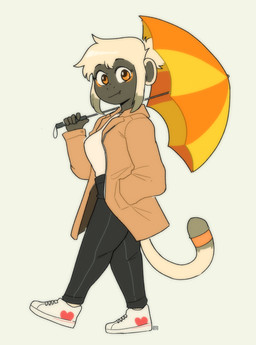 5_fingers anthro big_ears bottomwear breasts clothed clothed_anthro clothed_female clothing dipstick_tail eyelashes female female_anthro fingers footwear fully_clothed fully_clothed_anthro fully_clothed_female hair hand_in_pocket heart_symbol holding_object holding_umbrella jacket markings mouth_closed orange_eyes pants pockets shoes side_view simple_background smile snaggle_tooth solo tail tail_markings tan_clothing tan_jacket tan_topwear topwear umbrella walking white_clothing white_footwear white_hair white_shoes conditional_dnp sonokido greater_ventura_city kae_(sonokido) haplorhine mammal monkey primate 2022 absurd_res digital_drawing_(artwork) digital_media_(artwork) full-length_portrait hi_res portrait
