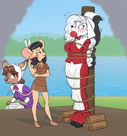 anthro apple apple_gag apple_in_mouth bdsm bondage bound clothing desiree_deer dress female female/female food fruit gag green_eyes group log match native_american native_american_clothing pilgrim plant pole rope scared selene_skunk smoke smug trio wood carniscorner melody_mouse deer mammal mephitid mouse murid murine rodent skunk digital_media_(artwork)