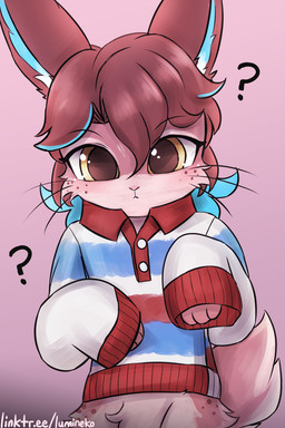ambiguous_gender anthro biped bottomless bottomless_anthro brown_body brown_fur cheek_tuft clothed clothing countershade_face countershade_fur countershade_torso countershading crotch_tuft eyebrows facial_tuft freckled_face freckled_hips freckles front_view fur hair looking_at_viewer navel question_mark red_hair scut_tail shirt short_hair short_tail simple_background solo tail topwear tuft whiskers white_body white_countershading white_fur lumineko lagomorph leporid mammal rabbit 2026 2:3