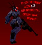 antennae_(anatomy) anthro armor armored_body bodysuit bulge butt clothed clothing gun low_poly machine male metal not_furry pupils raised_leg ranged_weapon red_eyes rifle skimpy skinsuit solo standing text tight_clothing toothy_grin unusual_pupils weapon dtstat psycho_patrol_r fan_character killbot_twink_(dtstat) android robot 3d_(artwork) digital_media_(artwork)