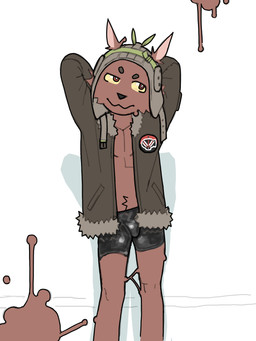 anthro aviator_cap aviator_jacket bodily_fluids bottomwear clothed clothing derezhabel fur glistening male red_body red_fur solo standing limlonm changed_(video_game) canid goo_creature mammal digital_media_(artwork) hi_res