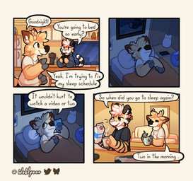 4_panel_comic anthro antlers bed black_clothing black_shirt black_t-shirt black_topwear cellphone clothing coffee_mug container cup dialogue duo electronics furniture holding_container holding_cup holding_mug holding_object horn humor looking_at_cellphone looking_at_object looking_at_phone male milk_carton milk_container mug night phone pillow romantic romantic_couple shirt smartphone smile speech_bubble t-shirt text tired topwear under_covers white_clothing white_shirt white_t-shirt white_topwear woblyear adam_(woblyear) cocoa_(woblyear) deer felid mammal pantherine tiger 2024 absurd_res comic english_text hi_res
