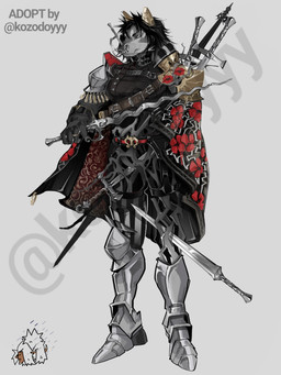 anthro armor black_hair cape chain clothing fantasy floral floral_clothing for_sale gloves grey_body hair handwear knight male melee_weapon shoulder_pads solo sword sword_in_body sword_on_back warrior weapon weapon_on_back canid canine canis mammal wolf 3:4 absurd_res colored detailed digital_drawing_(artwork) digital_media_(artwork) hi_res watermark