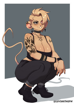 alternative_fashion anthro arm_tattoo big_breasts black_eyes bottomwear breasts buckteeth choker clothed clothed_female clothing cross ear_piercing ear_ring eyebrow_piercing eyeliner facial_piercing female footwear fully_clothed fully_clothed_female fur goth hair heterochromia inverted_cross inverted_cross_necklace jewelry lip_piercing makeup necklace nose_piercing pants pentagram_necklace piercing red_eyes ring_piercing shoes short_hair sidecut sneakers solo tail tan_body tan_fur tattoo teeth luvshxt baphomet_(deity) deity mammal mouse murid murine rodent absurd_res hi_res