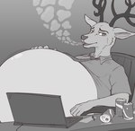 5_fingers anthro antlers belly belly_expansion belly_inflation beverage_can big_belly bloated bodily_fluids bubble chair clothing collared_shirt computer electronics expansion fingers furniture hand_on_belly horn huge_belly hyper hyper_belly inflation laptop lidded_eyes looking_at_viewer male motion_lines necktie open_mouth pen shirt sitting solo sweat sweatdrop t-shirt topwear eggo21 beastars louis_(beastars) deer mammal 2023 absurd_res greyscale hi_res monochrome