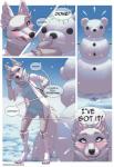 5_fingers anthro bite biting_lip biting_own_lip blue_eyes blush breasts clothed clothing confusion ear_piercing female fingers fur horny_at_all_times looking_at_viewer one_eye_closed piercing scarf self_bite smile snow snowman solo text white_body white_fur celeste_(artist) aspen_(celeste) canid canine mammal comic digital_media_(artwork) english_text