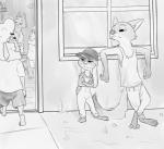 alternate_universe anthro barefoot bottle bottomwear clothed clothing container door ears_down feet female furniture group hat headgear headwear leaning leaning_backward male overalls pants pivoted_ears pointy_ears prick_ears shirt shorts standing stool tank_top topwear walking window numbro disney pack_street zootopia judy_hopps nick_wilde remmy_cormo bovid canid canine caprine fox lagomorph leporid mammal rabbit red_fox sheep true_fox greyscale monochrome sketch