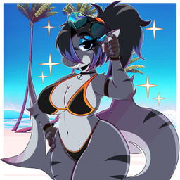 anthro beach big_breasts bikini breasts clothing eyewear female fingerless_gloves gloves handwear navel non-mammal_breasts non-mammal_navel solo spherical_breasts sunglasses swimwear thick_thighs two-piece_swimsuit wide_hips wireless_shiba char_(nonarycubed) aquatic fish shark 1:1 absurd_res hi_res