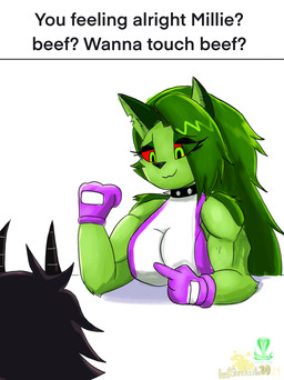 anthro biceps big_breasts black_eyelids black_hair black_horn breasts clothed clothed_anthro clothed_female clothing collar cosplay crossover_cosplay duo female flexing flexing_bicep fur gesture gloves green_body green_eyes green_fur green_hair hair hand_gesture handwear horn long_hair muscular muscular_anthro muscular_female pointing purple_clothing purple_gloves purple_handwear red_sclera simple_background smile spiked_collar spikes text tight_clothing vein veiny_muscles white_background thegiftedfire boobs?_wanna_touch_boobs? hellaverse helluva_boss marvel mythology loona_(helluva_boss) millie_(helluva_boss) she-hulk canid canid_demon canine demon hellhound humanoid imp mammal mythological_canine mythological_creature 2024 absurd_res crossover english_text hi_res meme