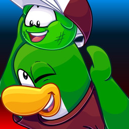 ambiguous_gender anthro baseball_cap clothing duo feral fur gradient_background green_body green_fur green_skin hat headgear headwear male one_eye_closed open_mouth red_clothing red_shirt red_topwear shirt short_sleeved_shirt simple_background topwear upper_teeth_only ymuy club_penguin avian bird penguin puffle 1:1 bust_portrait digital_media_(artwork) portrait