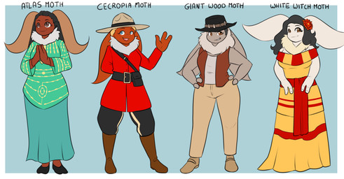 3_fingers antennae_(anatomy) anthro black_bottomwear black_clothing black_hair black_pants blonde_hair blue_background blue_eyes boots border bottomwear breasts brown_body brown_boots brown_clothing brown_eyes brown_footwear brown_topwear brown_vest clasped_hands clothed clothing coat dress female fingers footwear fully_clothed fur grey_body grey_clothing grey_shirt grey_topwear group hair hand_behind_back hands_on_own_hips hat headgear headwear long_hair open_mouth open_smile pants plantigrade red_clothing red_coat red_topwear shirt shoes simple_background skirt smile standing tan_clothing tan_footwear tan_shoes teal_bottomwear teal_clothing teal_shirt teal_skirt teal_topwear text topwear uniform vest white_body white_border yellow_clothing yellow_dress blackbetty royal_canadian_mounted_police arthropod atlas_moth cecropia_moth giant_wood_moth insect lepidopteran moth saturniid white_witch_moth absurd_res digital_drawing_(artwork) digital_media_(artwork) english_text flat_colors hi_res species_name