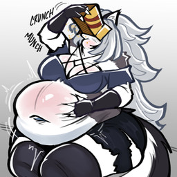anthro belly belly_grab big_belly big_breasts bloated breasts clothing crumbs eating eating_food female fur hair hand_on_belly overweight overweight_anthro overweight_female text thick_thighs weight_gain white_body white_fur wide_hips doeswhatever hellaverse helluva_boss mythology loona_(helluva_boss) canid canid_demon canine demon hellhound mammal mythological_canine mythological_creature 1:1 absurd_res digital_media_(artwork) english_text hi_res