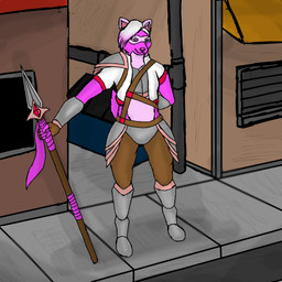 anthro armor clothed clothing female fur gradient_hair hair melee_weapon pink_body pink_fur polearm public smile smirk solo spear weapon white_hair valus_shadewalker peone_(valus_shadewalker) mammal procyonid raccoon 1:1 absurd_res hi_res