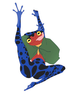 4_fingers 4_toes anthro blue_body bottomless clothed clothing feet female fingers genitals horizontal_pupils long_tongue looking_at_viewer poncho poncho_only pupils red_body solo toes tongue vulva yellow_eyes ayannzer amphibian frog poison_dart_frog 2026 digital_media_(artwork) hi_res