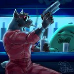 anthro bar blue_light bottle cigarette clock container dim_lighting duo eyewear gun male muscular muscular_male nightclub ranged_weapon sunglasses watch weapon lostwisdom blob_creature deer mammal new_world_deer reindeer 1:1 hi_res