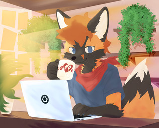 5_fingers anthro beverage black_body black_fur black_nose blue_clothing blue_eyes blue_shirt blue_topwear brown_body brown_fur cheek_tuft claws clothed clothing coffee_mug computer container cup detailed_background dipstick_tail electronics facial_tuft fingers fur furniture hair heart_symbol holding_container holding_cup holding_object inside kerchief laptop light looking_at_viewer male male_anthro markings mug multicolored_body multicolored_fur multicolored_tail neckerchief neckwear orange_body orange_fur orange_hair orange_tail plant plant_pot potted_plant red_kerchief red_neckerchief scarf shirt sitting smile solo sunlight t-shirt table tail tail_markings tongue topwear tuft whiskers white_body white_fur window k441z canid canine fox mammal red_fox true_fox hi_res