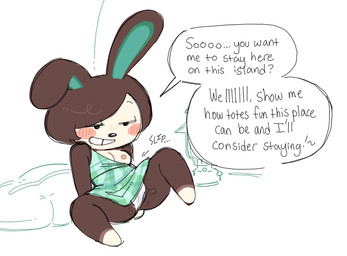 anthro blush bodily_fluids breasts brown_body brown_hair clothing dialogue dress female front_view genital_fluids genitals hair half-closed_eyes leaning leaning_backward looking_at_viewer narrowed_eyes offering_sex one_ear_up panties pattern_clothing plaid plaid_clothing presenting presenting_vulva raised_leg smile smiling_at_viewer smirk smirking_at_viewer solo speech_bubble spread_legs spreading text underwear undressing vaginal_fluids vulva kint animal_crossing nintendo carmen_(animal_crossing) lagomorph leporid mammal rabbit english_text